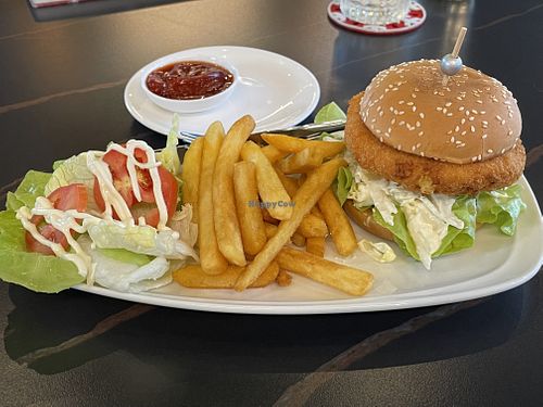 This is the tofu burger, ordered off the vegan menu but it came ladened with mayonnaise, so was borderline inedible. It cost 200 baht.  at Mama Big Restaurant in Khon Kaen