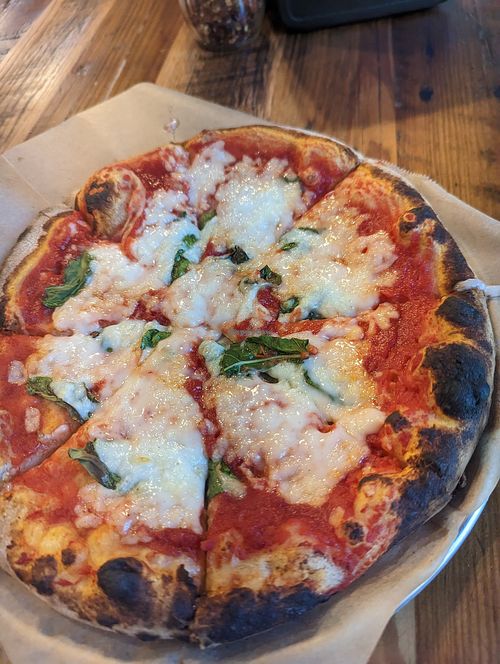 Margarita pizza with dairy free (vegan) cheese at Fergndans Wood Fired Pizza in Oxford
