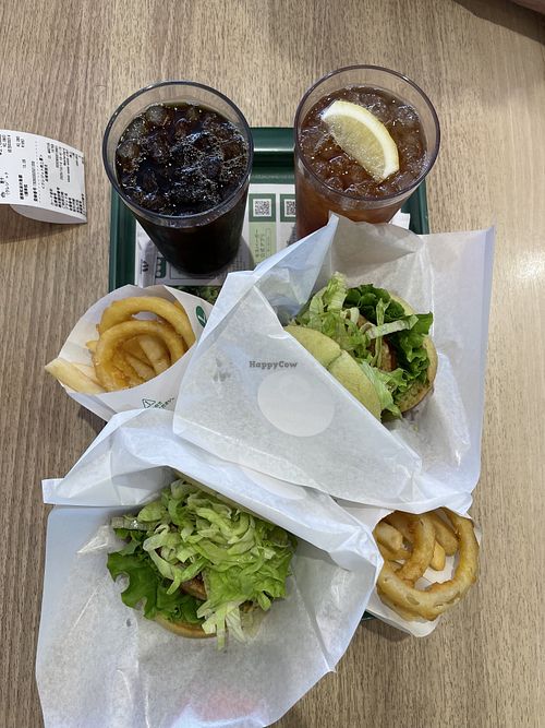 Vegan burger with fries/onion rings.  at Mos Burger in Naha