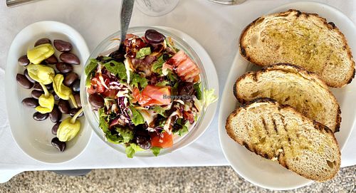 Olives and peppers, Greek salad, toast   at Xenious Zeus in Athens