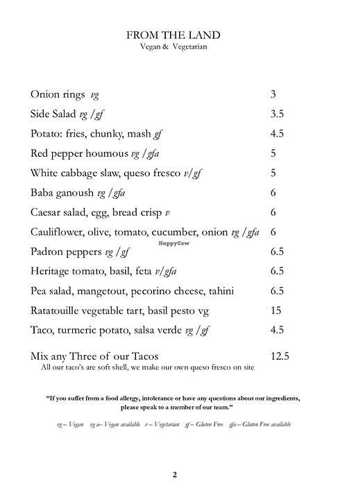 Menu clearly marked with vegan options (vg).  at The Greyfriar in Alton