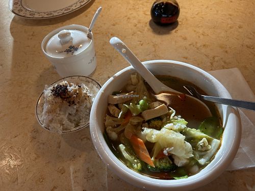 Veggie tofu soup with rice. Added chili sauce and soy sauce to both.  at CIE Sichuan Cuisine in Indio