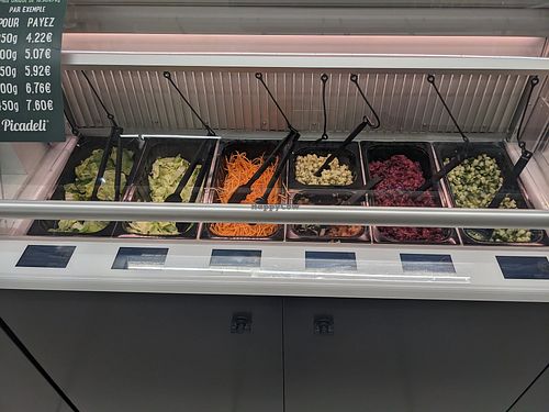 Over 80% of options in this per-kilo salad bar are clearly marked vegan. We went 3x during our stay in the city, which is difficult for vegans. at Picadeli at Intermarché in Reims