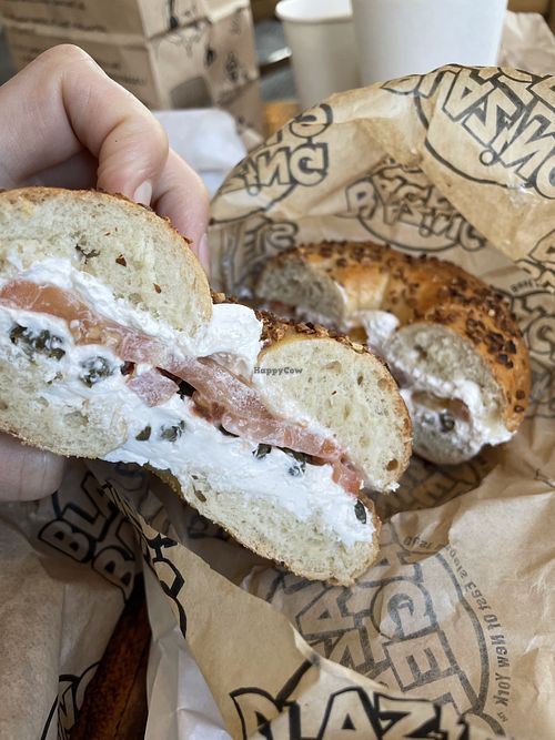 Vegan cream cheese, vegan garlic bagel  at Blazing Bagels in Redmond