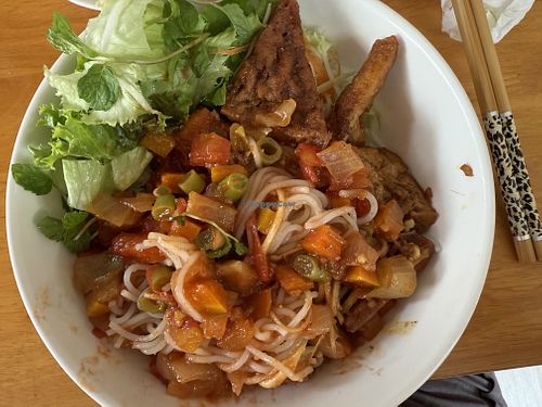 A Bún with what tasted like a fresh ragout of carrot, green beans, and pineapple. Really tasty!  at Minh Kien Vegetarian Restaurant in Hoi An