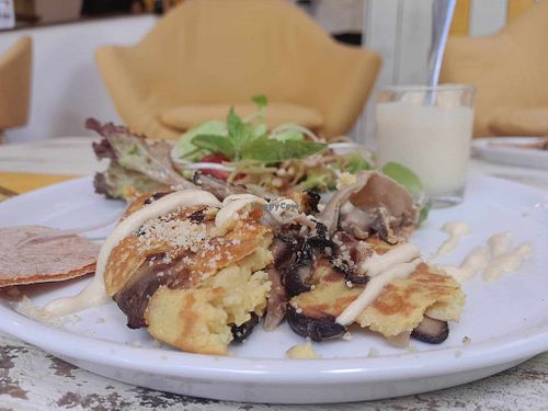 Mushroom "Omelette".
Served with a sweet potato flat bread, green salade and a Creamy Mustard Sauce at Soulscape Café in Koh Phangan