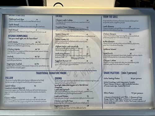 Menu  at Zoha in Sydney