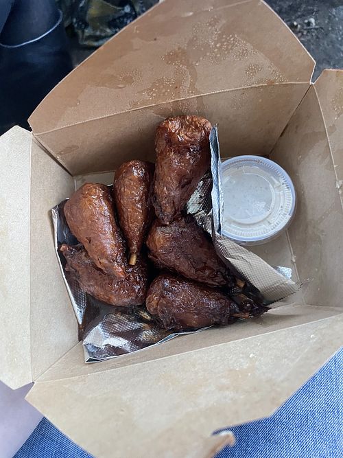 BBQ seitan wings with vegan ranch. Messy but delicious and filling!!  at 97 Estoria in Atlanta