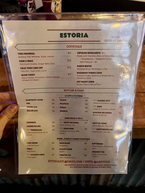 Menu  at 97 Estoria in Atlanta