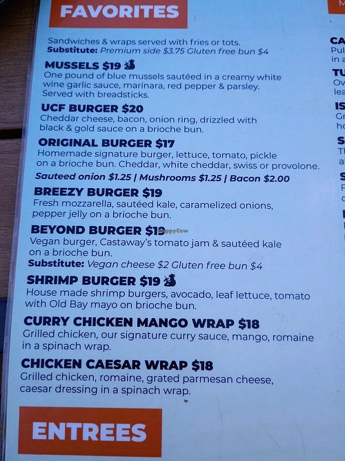 Beyond burgers available here, can substitute vegan cheese as well but it's an upcharge. Many vegetarian options. at Castaways Sports Bar & Grill in Riviera Beach
