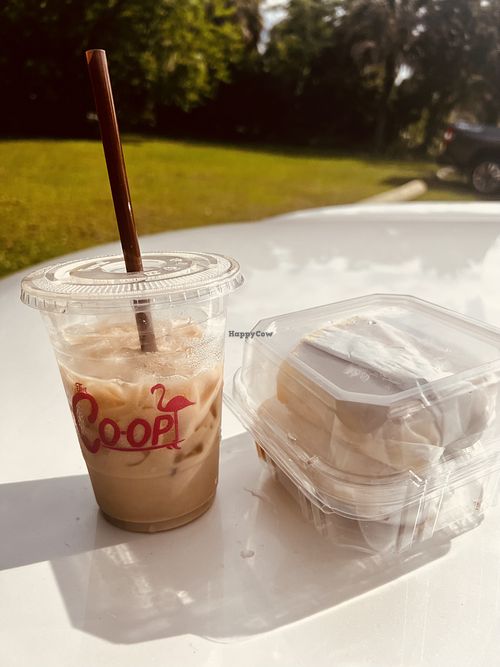 Iced chai latte with oat milk and a veggie sammie w/ no herb cheese.  at The Co-Op - Sullivan's Island in Sullivans Island