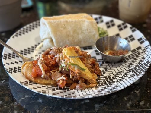 1/2 portions of Huevos Rancheros and Triple B Burrito  at Jitters Coffee Pub in Oceanside
