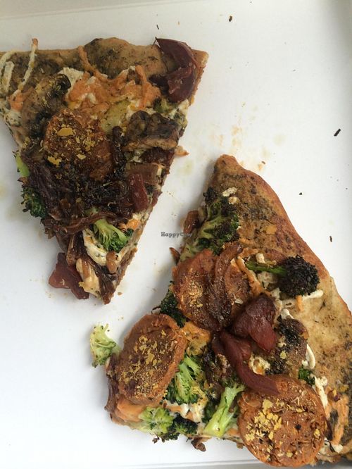 My vegan pizza with 'the works' Daiya cheese home made pizza crust and so many yummy ingredients :) at Trio Coffee Shop in Adams Center