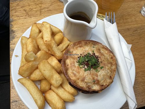 Vegan mushroom pie with chips and gravy   at Rose & Crown in Oxford