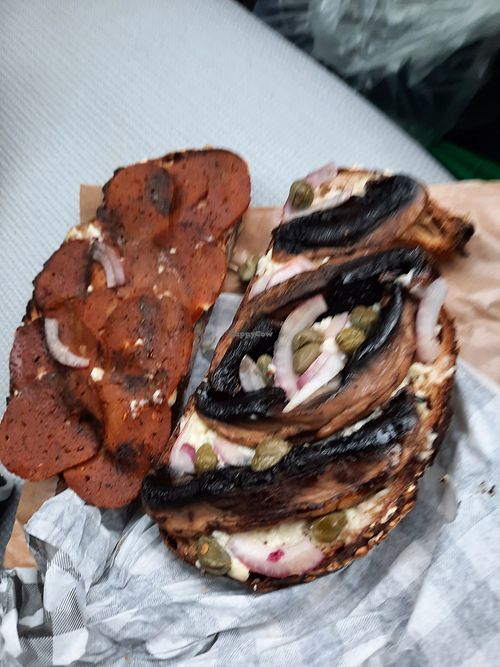 Cabanosi, mushrooms, capers and onions toasted at Suzy Spoon's Vegetarian Butcher in Marrickville