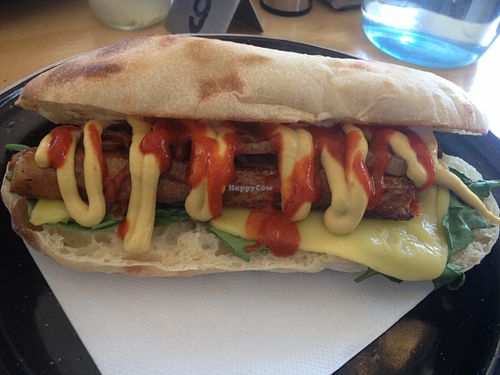 Spicy hot dog at Suzy Spoon's Vegetarian Butcher in Marrickville