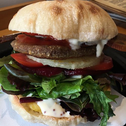 schnitzel burger deluxe. at Suzy Spoon's Vegetarian Butcher in Marrickville