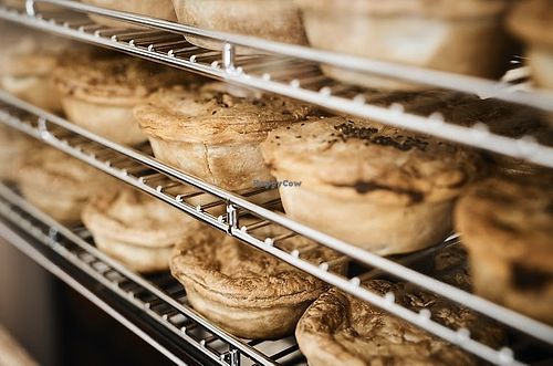 Hot pies incl. pepper steak, butter chicken and mince & cheese (all vegan)  at Suzy Spoon's Vegetarian Butcher in Marrickville