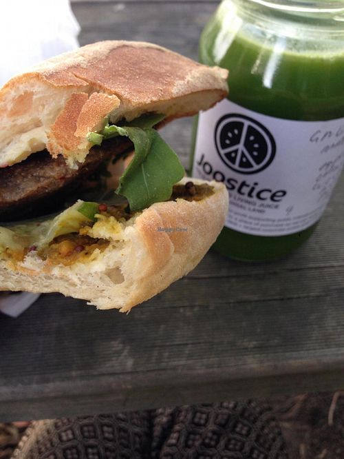 Joostice juice and vegan sandwich. at Suzy Spoon's Vegetarian Butcher in Marrickville