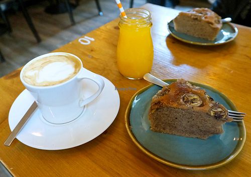 Banana breads + Cappuccino w/oat milk at Caffe Gufo in Dijon