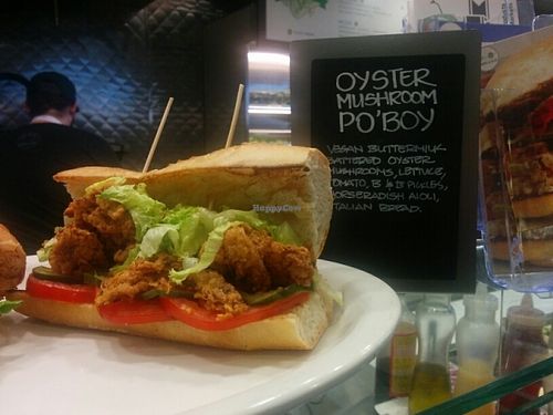 oyster mushroom po boy sandwich close up at Chickpea & Olive in Brooklyn
