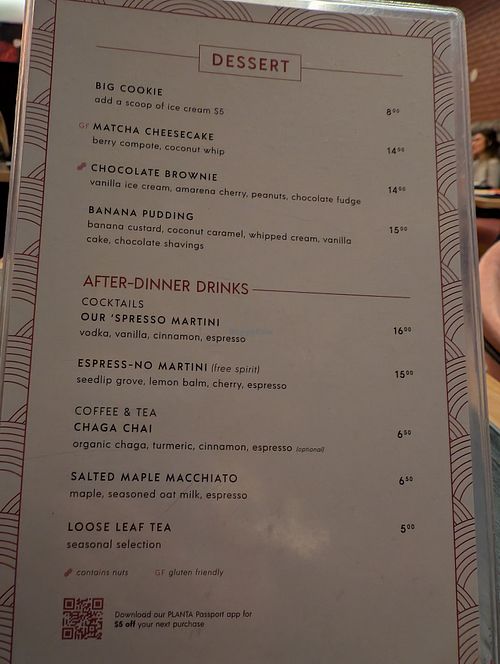 Dessert Menu at PLANTA Queen in Washington