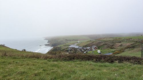 View of the pub from the southern approach via coastal path (on a foggy Sunday) at The Druidstone Hotel in Haverfordwest