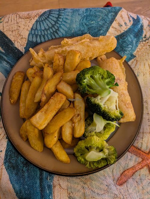 Banana blossom and chips (no broccoli) at By The Sea in St Ives