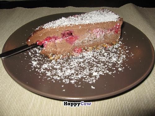 Raw chocolate delight cake at Omra Elias in Bucharest, Romania. at Omra Elias in Bucharest