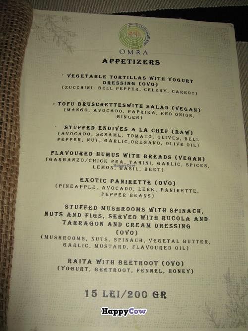 Omra Elias appetizer menu page at Omra Elias in Bucharest