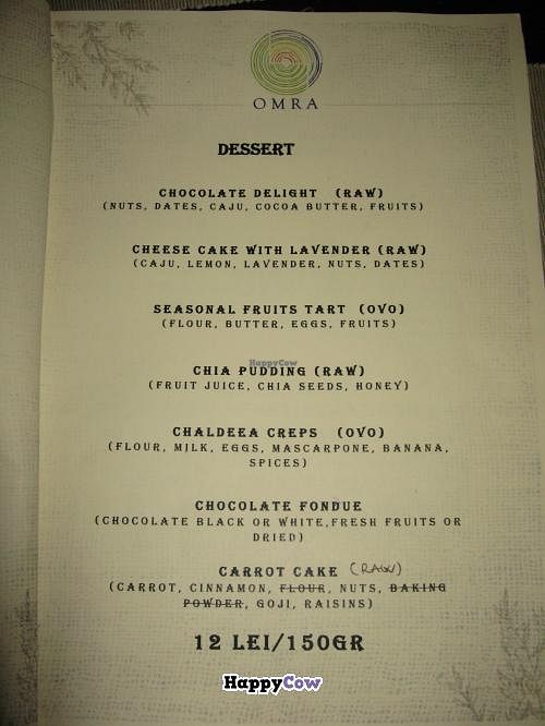 Omra Elias dessert menu at Omra Elias in Bucharest