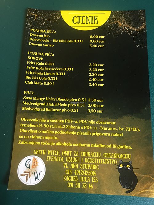 The drinks menu at Green Witch Kitchen in Zagreb