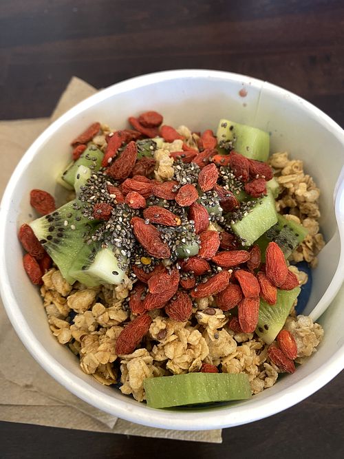 Blue Bliss Medium Bowl - Spirulina, Kiwis, Goji Berries, Chia Seeds, Granola- minus honey - amazing post-run 🫶🏽💕  at Vitality Bowls in Modesto