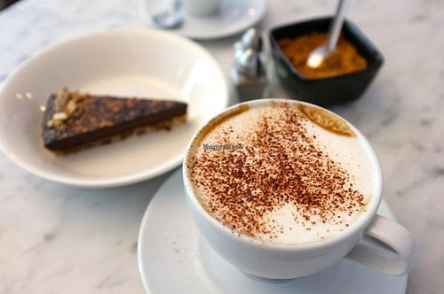 Raw chocolate dessert and finally a good cappuccino with soy milk! at The Hive in West London