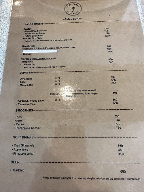 All Vegan menu.   at Blue Point Falafel & Coffee in Yomitan
