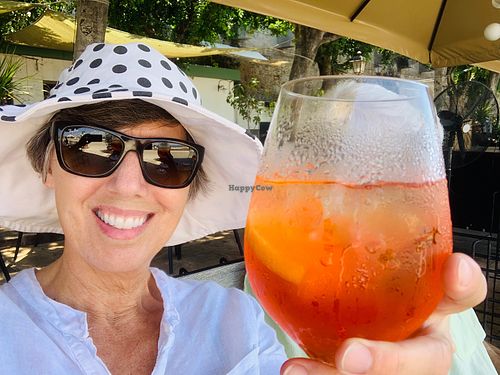Vegan Happy Hour tour - Tour guide Tonia ensures the Spritz tastes delicious! Cin Cin/Cheers/Prost at Vegan Food Tour Ortigia in Siracusa