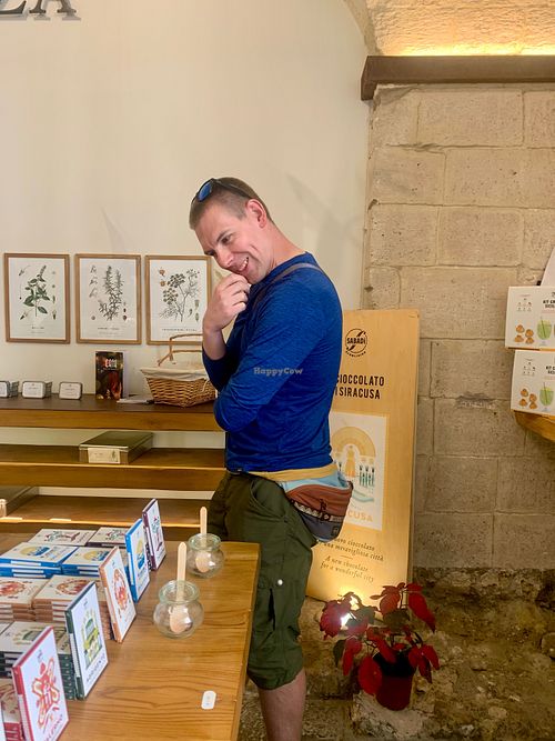Wojciech admiring the chocolate - April 2024 at Vegan Food Tour Ortigia in Siracusa