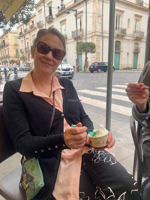 Lovely Colleen enjoying her gelato - March 2024 at Vegan Food Tour Ortigia in Siracusa