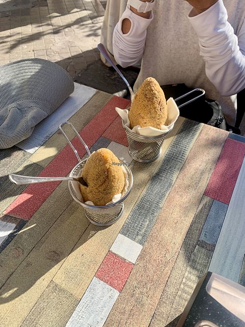 Using cornmeal instead of wheat makes the arancini gluten-free. - February 2024 at Vegan Food Tour Ortigia in Siracusa