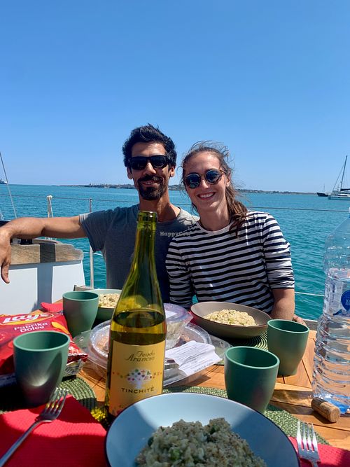 Vegan lunch with our friends and the Captain, Pietro, and Cook, Eva, of Vegan Sailing Holiday! at Vegan Food Tour Ortigia in Siracusa