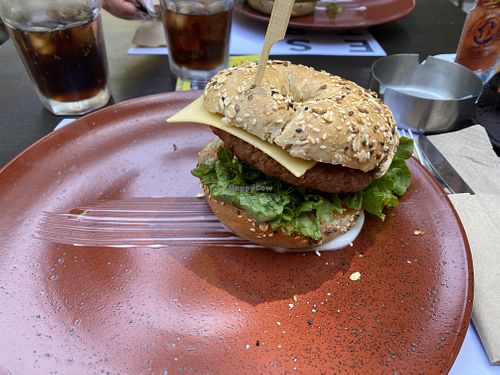 Vegan bagel with beyond meat burger  at Estrella Rhodes in Rhodes
