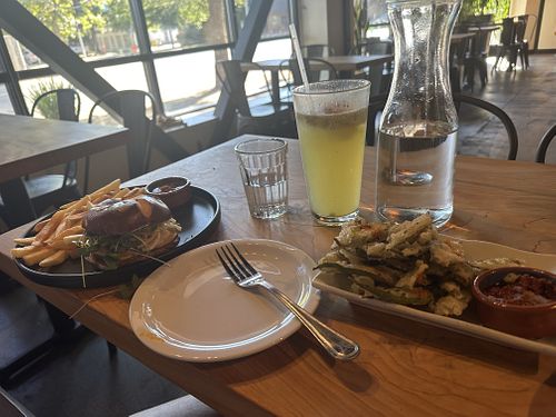 Okra and bbq burger   at Buddha Belly Burger in Sacramento