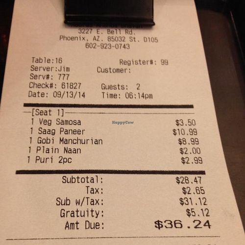 gratuity automatically added for Groupon customers at Madras Ananda Bhavan in Phoenix