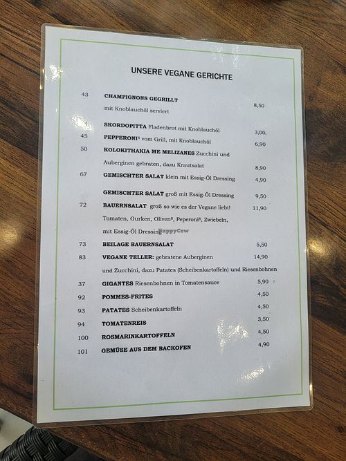 Vegane Speisekarte at Akropolis in Hausach