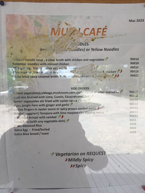 Cafe menu with labelled vegetarian options  at Gunung Mulu National Park Cafe in Mulu