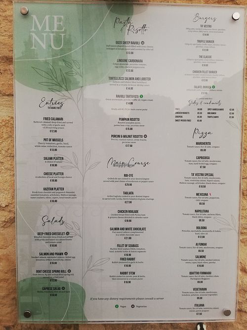 Menu at Ta' Vestru in Qala