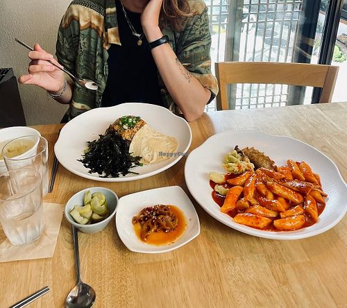 Kimchi tuna fried rice with extras and Tteokbokki (spicy!) at Vegan Insa - 비건인사 in Seoul