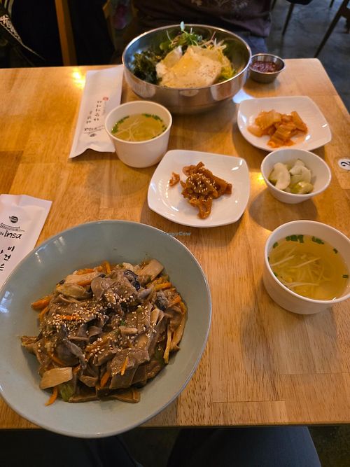 noodles with mushrooms and vegan bibimbap  at Vegan Insa - 비건인사 in Seoul