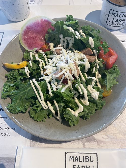 Vegan Caesar salad with vegan cheese and ham   at Malibu Farm  in Zushi
