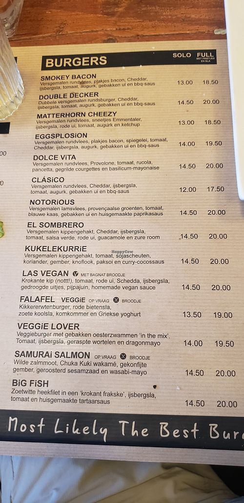 Menu with designated options at Burgerij in Antwerpen